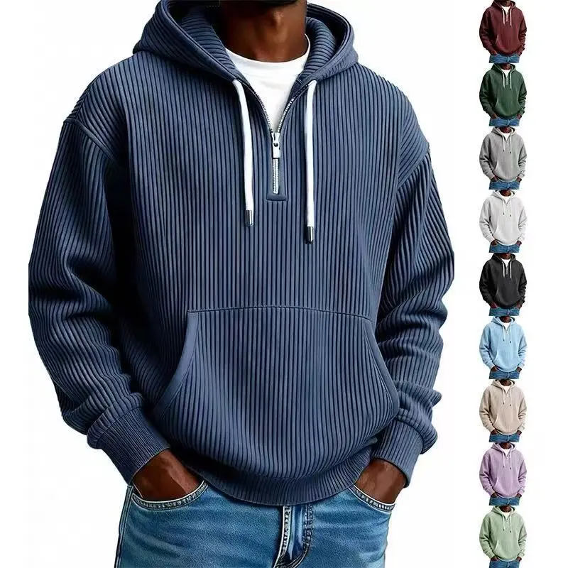Men’s Casual Menswear Solid-Color Hooded Sweatshirt - Half-Zip, Vertical Ribbed Texture, Adjustable Drawstring Hood, Kangaroo Pocket, Skin-Friendly, Breathable, Loose Long-Sleeve Pullover for Hiking, Walking