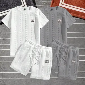 Men’s solid textured patched tee and drawstring waist shorts set, regular fit casual crew neck short-sleeve T-shirt and pocket shorts, men’s summer clothing, casual outfit set, Basic