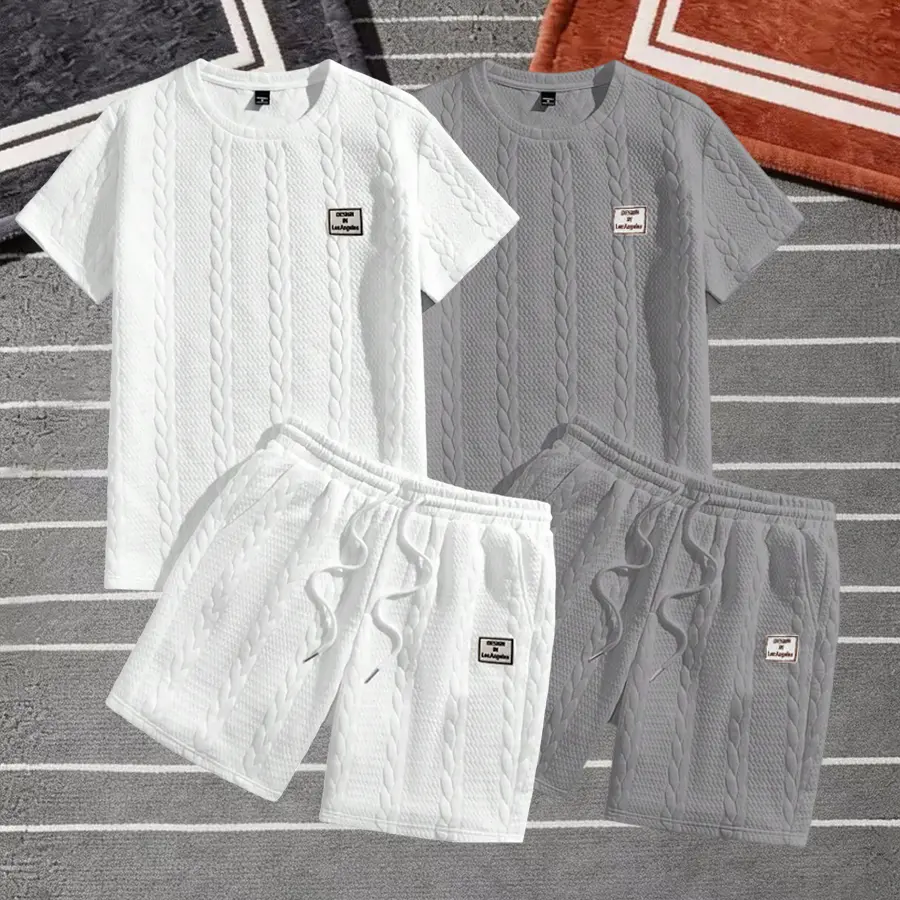 Men’s solid textured patched tee and drawstring waist shorts set, regular fit casual crew neck short-sleeve T-shirt and pocket shorts, men’s summer clothing, casual outfit set, Basic