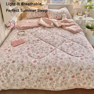 Cloudy Feel Dual Layer Summer Quilt, Floral Pattern Soft Bedding, Elegant Trimmed Design, French Chic Bedroom Ambiance, Floral Print Quilt