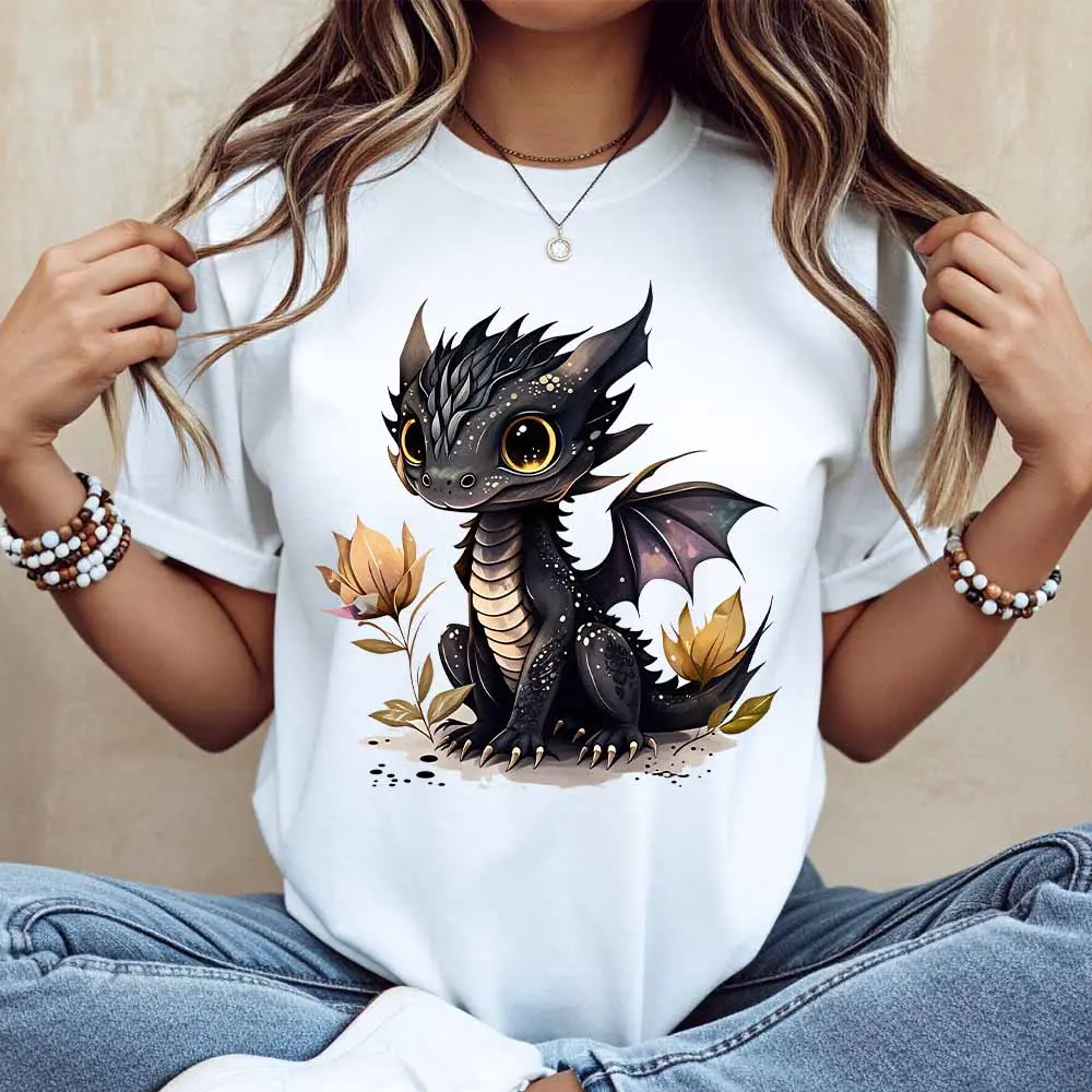 Cute Black Dragon With Flowers Print T Shirt Women Casual Short Sleeve Round Neck Top Fashion Graphic Tee Summer Wear