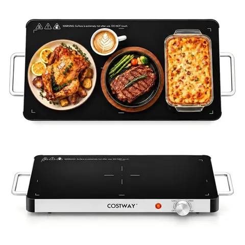 COSTWAY Electric Warming Tray with Temperature Control, Food Warmer w/ Thermostat & Overheat Protection,Tortilla Warmer,Tempered Glass Warming Mat for Buffets, Parties & Restaurants