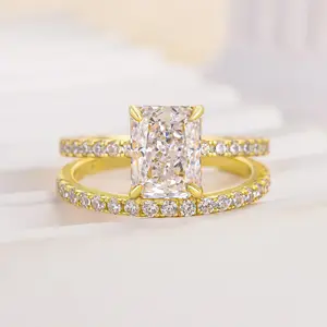 Effinny Jewelry 1.5ct  Radiant Cut 2PC Wedding Ring Set, S925 sterling Silver, 5A Cubic Zirconia Golden Engagement Ring, Bridal Set Rings,Anniversary Ring for Women Outdoorfun