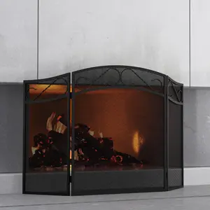 Foldable 3 Panel Wrought Iron Fireplace Screen for Wood Burning Fireplace Protective Mesh Fire Spark Guard for Indoor Outdoor Black(Large)