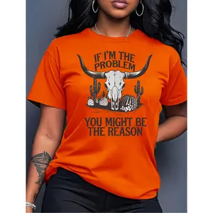 100% cotton women's short-sleeve top with western skull print, round neck, machine washable, comfortable, soft, breathable, suitable for spring, summer, and autumn. New recommended loose-fitting casual trendy fashion T-shirt