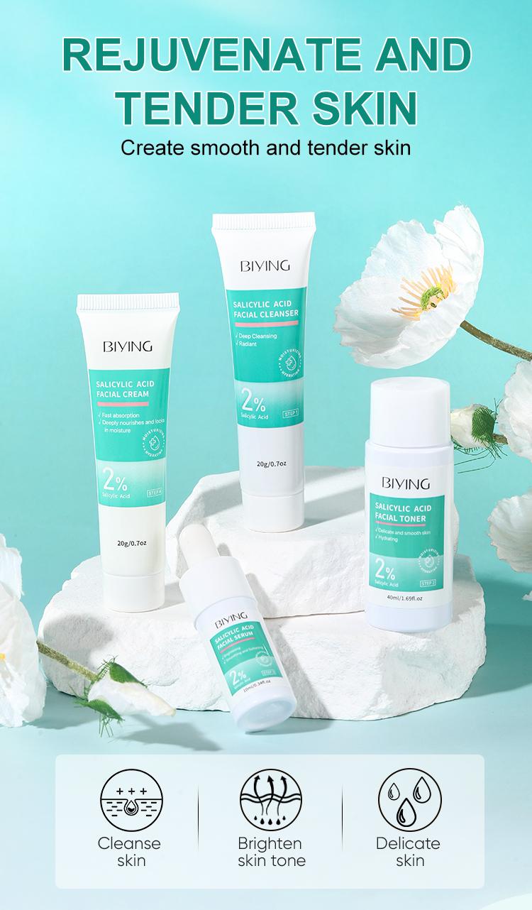 【BIYING】【FDA】2% Salicylic Acid 4-Piece Acne Travel Set | For Cystic & Hormonal Acne, Complete Cleanser Toner Moisturizer Kit, Unscented For All Blemish Prone Skin