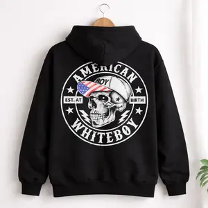 American Whiteboy Skull Graphic Hoodie, Est At Birth Patriotic Streetwear Pullover, Dark Aesthetic Urban Style Black Hoodie, Unisex Sweatshirt