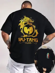 Wu-Tang Golden Dragon American Hip-Hop Retro Double-Sided Print Trendy Loose Black Heavyweight Short-Sleeve T-Shirt