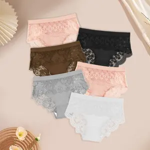 Morelect 6/10 Pcs Mid Waist Lace Panties with Hip Wrap, Women's Breathable Lightweight Underwear, Non Binding Belly Soft Briefs for Spring Summer, Everyday Wear