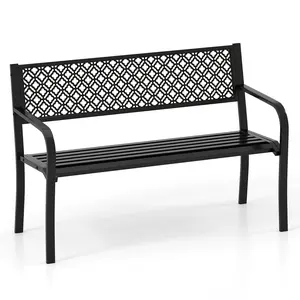 COSTWAY - 50 Inches Outdoor Garden Bench with Geometric Lattice Backrest and Slatted Seat-Black