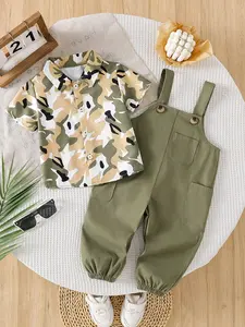 Boys' Camo Shirt & Suspender Pants Set, Cool Workwear Style, Short Sleeve Button-Up Top, Military Suspenders, Pocket Decor, Size 0-3 Years
