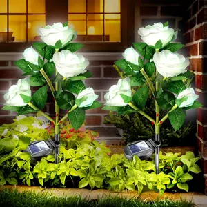 Solar Garden Lights Outdoor: 5  Fabric Roses Flower - White LED Landscape Lighting for Yard Cemetery Decorative - Gardening Gifts for Homeowner Women Mom