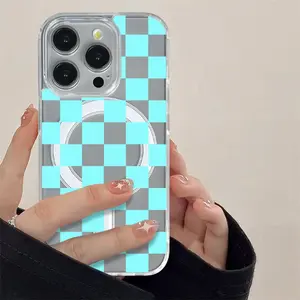 Blue Checkerboard MagSafe Phone Case For iPhone 17,16,15,14,13,12 Samsung S 20,21,22,23,24,25,26 Ultra Plus Fe Note Edeg Shockproof Protective Jelly Finish MagSafe Cover