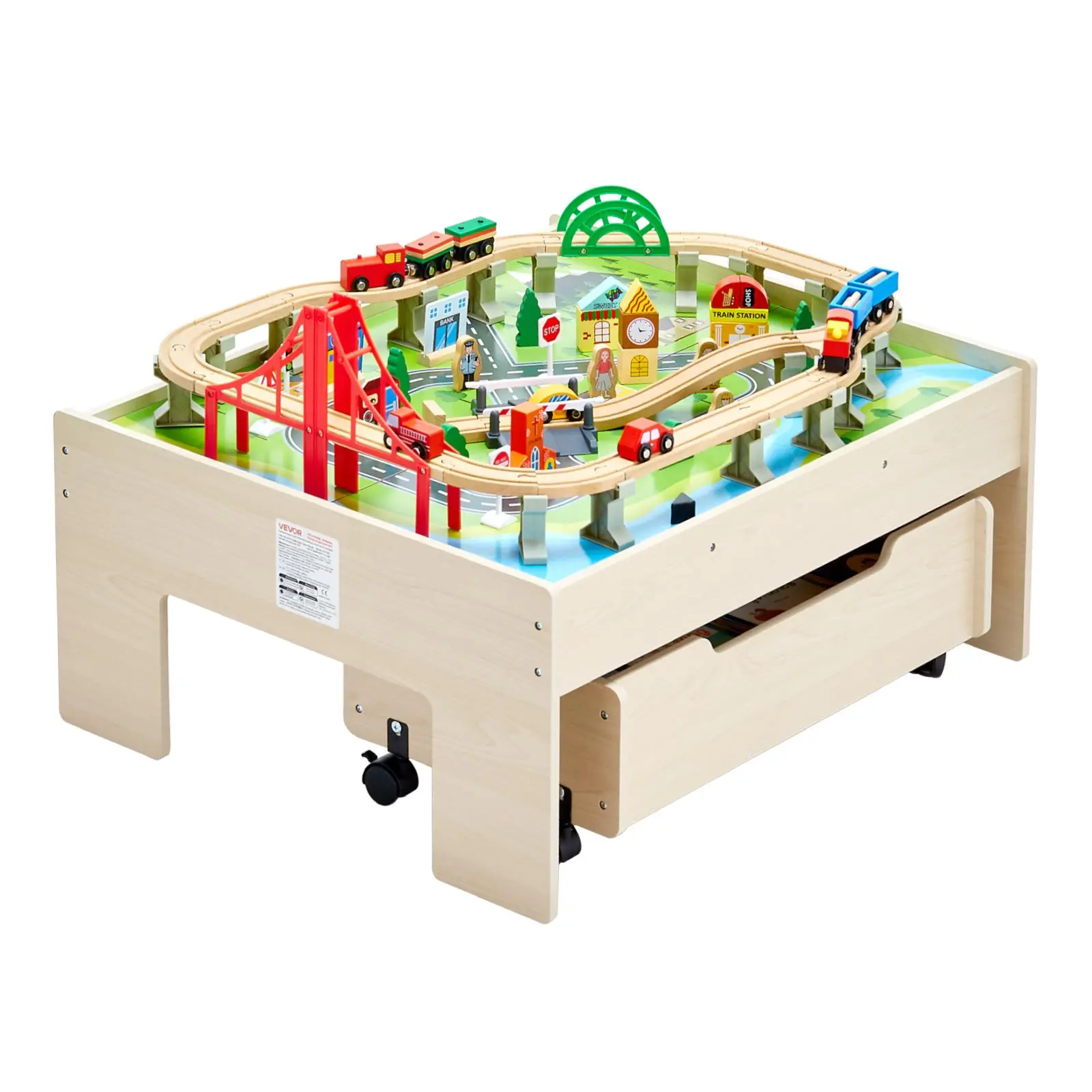 【SummerFinds】VEVOR 3-in-1 Wooden Train Table Toy Set - Block Kit, City Blocks, DIY Crafts, 100 Multicolor Buildable Collectible Pieces, Rolling Storage Drawer, for Kids Ages 3+, Buildable Blocks Kit