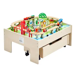 VEVOR Train Table, 100 Multicolor Pieces Wooden Kids Activity Table with Rolling Storage Drawer, 3-in-1 Wooden Train Set for Gaming, Drawing, Reading, Eating, Creative Toy Set for Kids Ages 3+