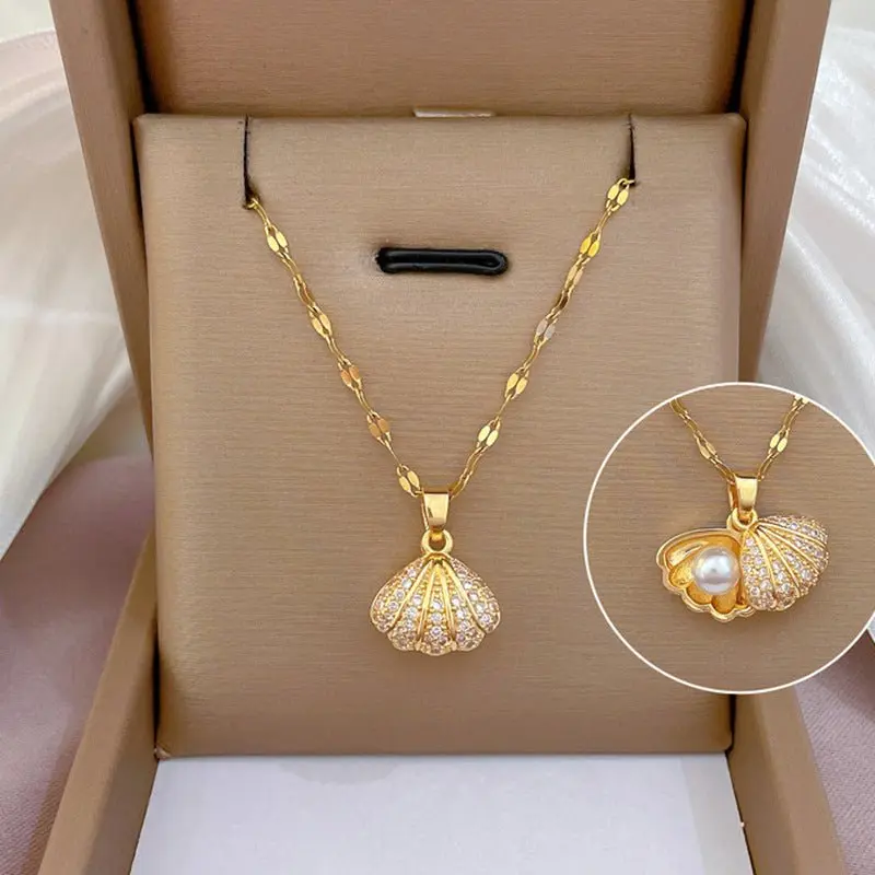 Unisex Adjustable Gold Shell Pearl Locket Necklace - Openable Seashell Pendant, Cubic Zirconia Accent
