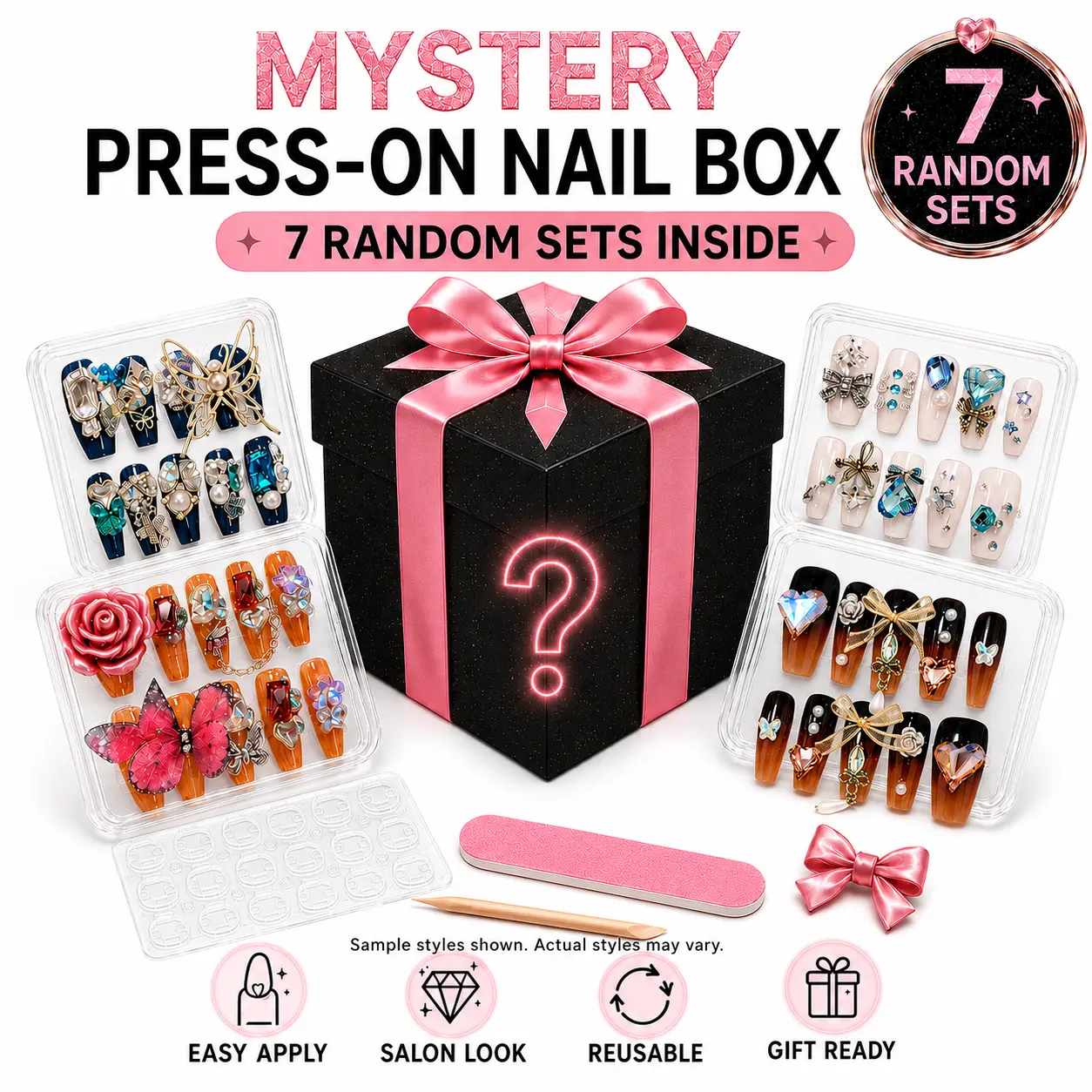 [Velvet Claw]  7Sets Handmade Press-On Nails Mystery Box, Random Cute Fake Nails for Women, Reusable Glue-On Acrylic Full Cover Nails with Gift Box & 4-Piece Tool Kit, Salon Look Nail Set,selectable size