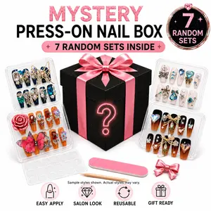 [Velvet Claw]  7Sets Handmade Press-On Nails Mystery Box, Random Cute Fake Nails for Women, Reusable Glue-On Acrylic Full Cover Nails with Gift Box & 4-Piece Tool Kit, Salon Look Nail Set,selectable size