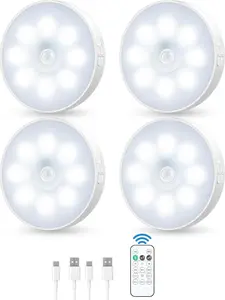 Motion Sensor Puck Lights with Remote, Wireless Dimmable, Rechargeable Magnetic Under Cabinet Night Light, 4-Pack