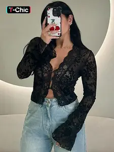 Leopard Print Mesh See Through Long Sleeve T-shirt Top Crop Tops Tshirts Streetwear Womenswear For Women Casual Trendy Shirt Casual Chic