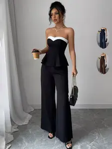 Women's Spring Summer Off-Shoulder Crop Top & Wide Leg Pants Set, Elegant Commuter, Comfortable Fit for Daily Wear, Chic, Casual, Womenswear