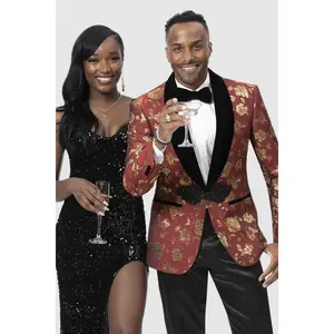 Mens Shiny Red & Gold Paisley Prom Smoking Tuxedo Jacket