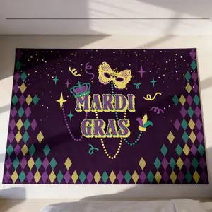 Opulent Venetian Carnival Mask Tapestry - Elegant Gold & Purple Wall Art Hanging for Mardi Gras Ball, Masquerade Party Photo Booth Background, Luxurious Home Theater Decor