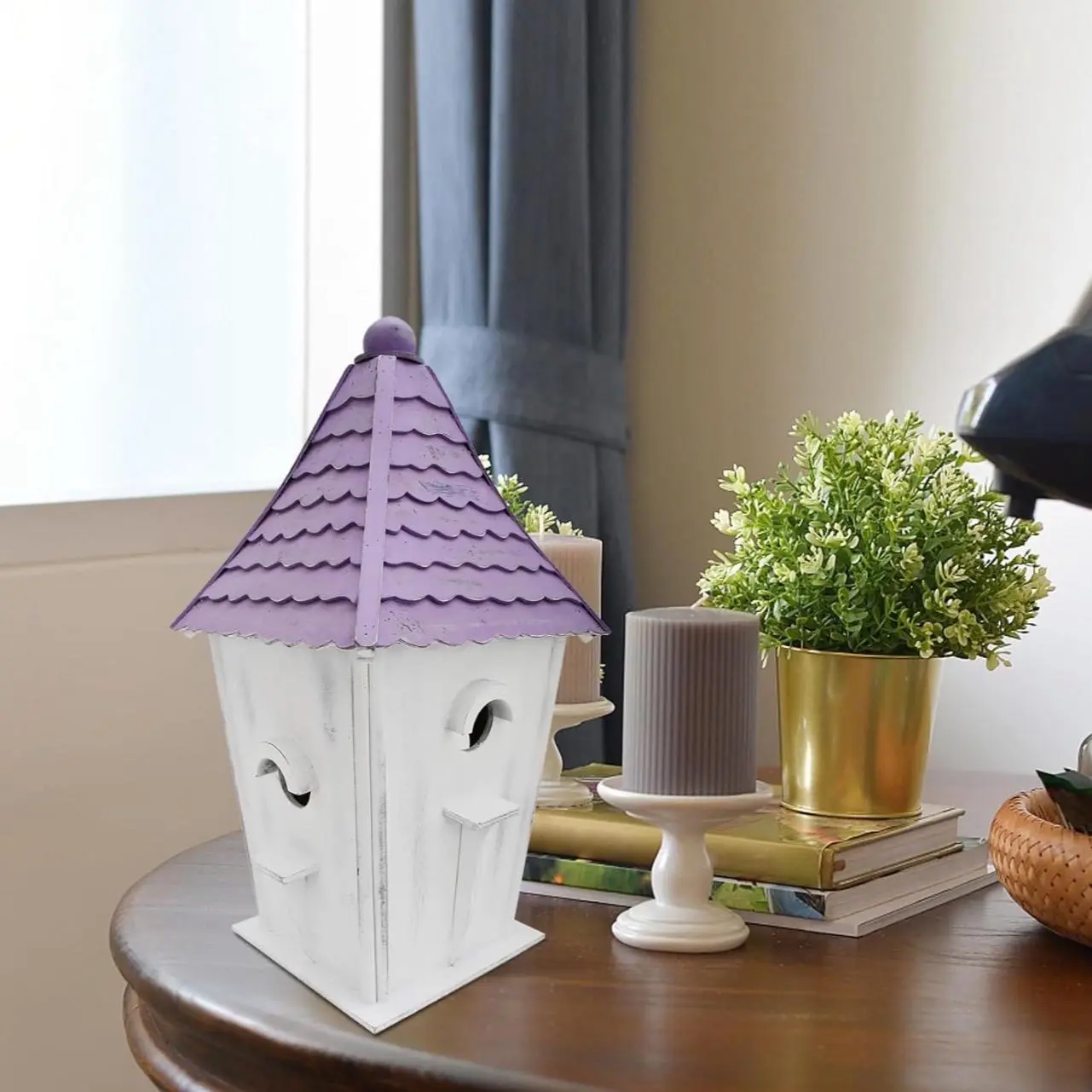 Wood Birdhouse for Outside Bird Nesting Box,Decorative Bird House Cottage for Yard Garden Outdoor 4 Holes Free Standing Bird House for Bluebird Cardinal Finch House Wren Chickadee