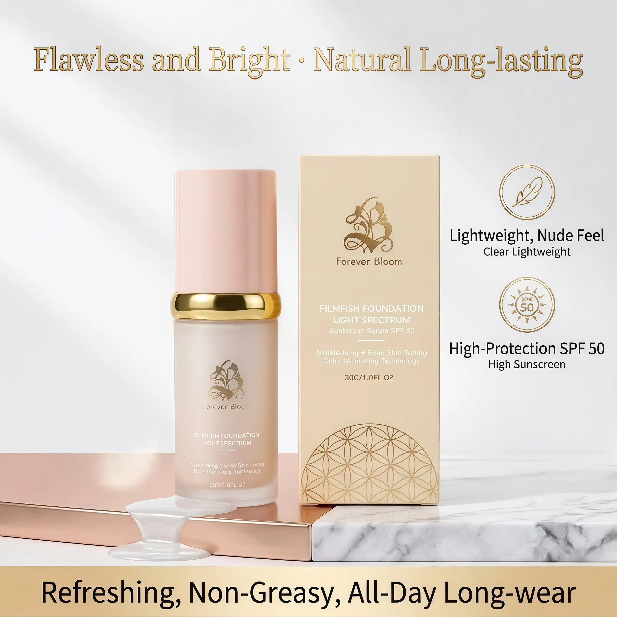 4-in-1 Biomimic Liquid Foundation - Light Spectrum, Facial Makeup for Flawless Natural Finish, Clear & Lightweight