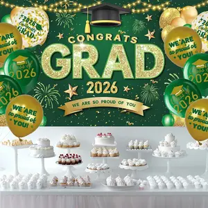 Large Banner for The Class of 2026 Featuring Green And Golden Decorations, Complete with an Balloon Set for Graduation Celebrations