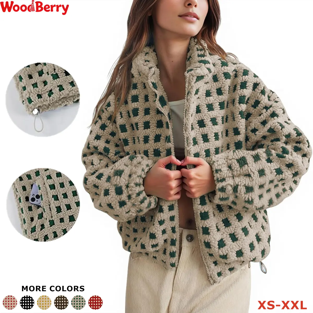 WoodBerry Women's Casual Plaid Sherpa Fleece Coat Long Sleeve Zip Up Checkered Fuzzy Cropped Jacket with Adjustable Drawstring Hem Chunky Warm Outwear