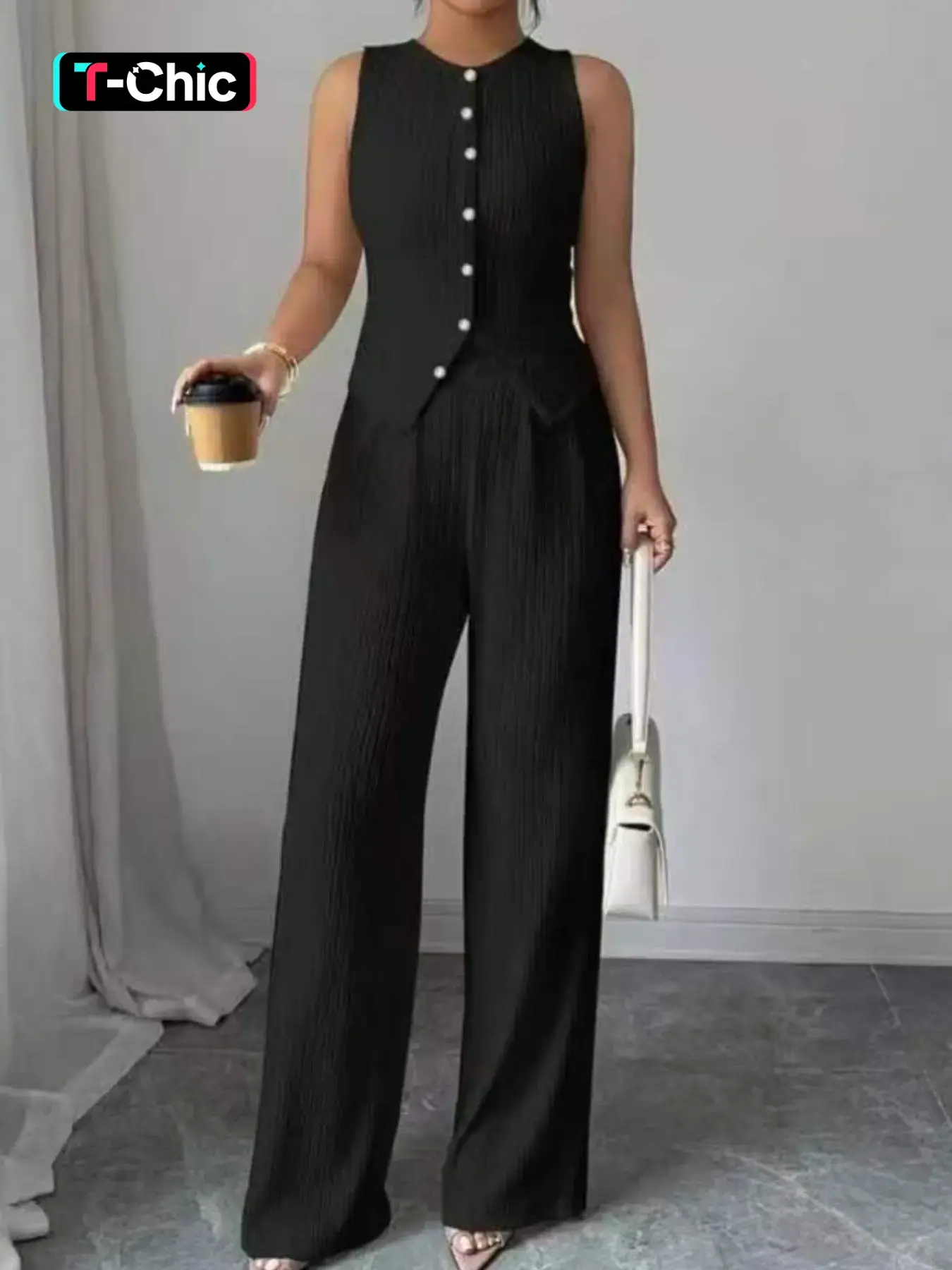 Elegant Chic Commuting Casual Style Set Suits, Sleeveless Round Neck Buttoned Slim Fit Vest & High Waist Loose Straight-Leg Trousers, 2-Piece Outfit Women
