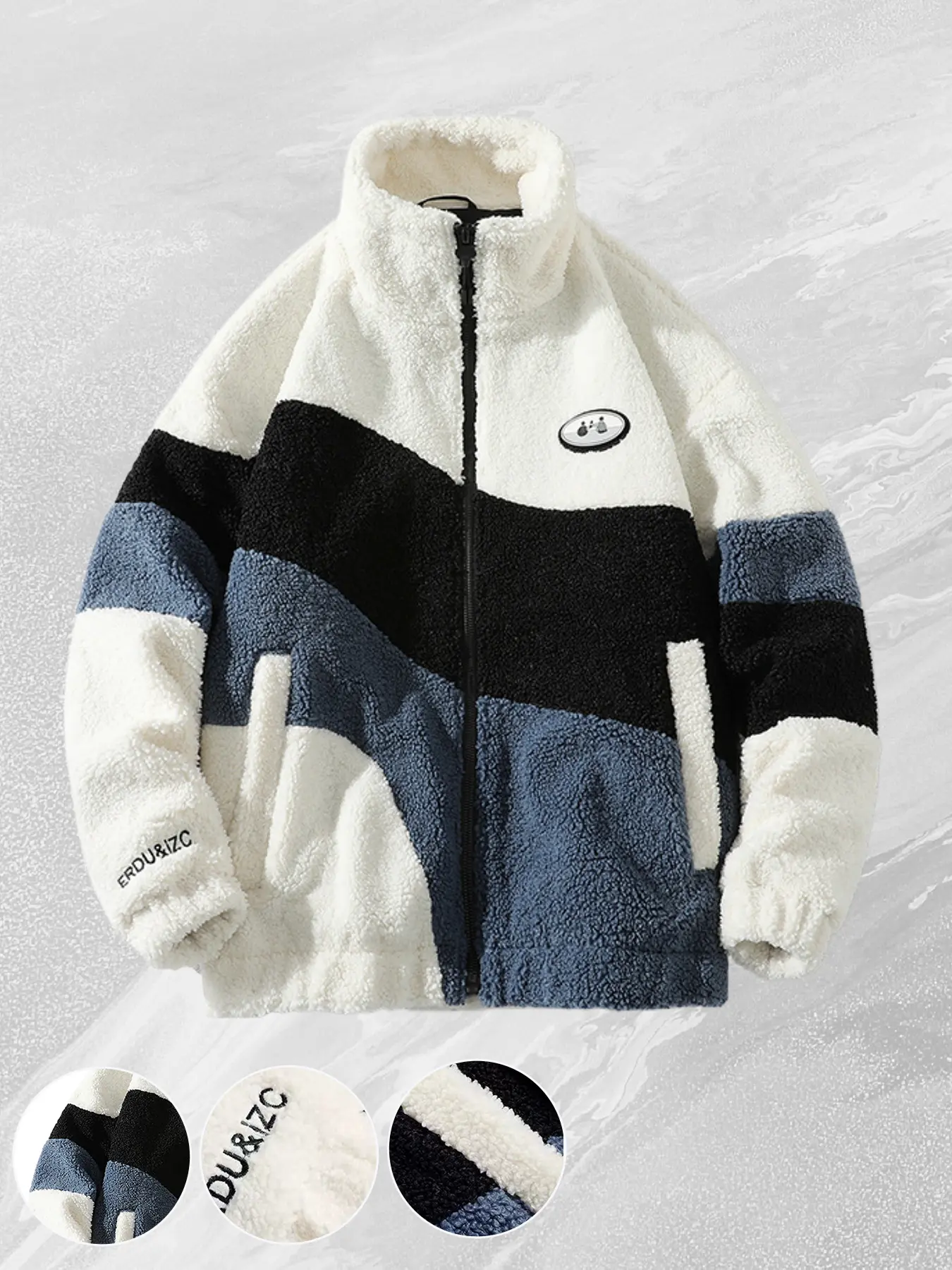 Men's Thermal Lined Coat, Casual Colorblock Lamb Fleece Long Sleeve Jacket with a Stand Collar and Pockets, Menswear