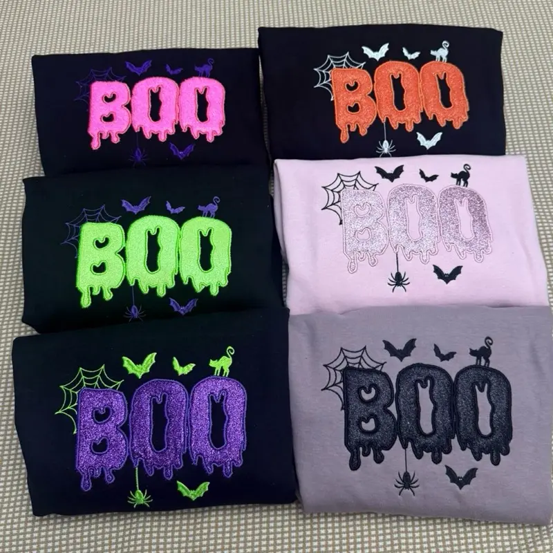 Boo glitter spooky season bat cat spiderweb  Halloween embroidered sweatshirt