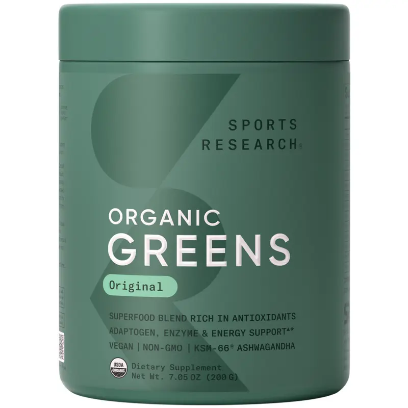 Sports Research® Organic Greens Superfood Powder w/ Spirulina & Chlorella, Adaptogens, Enzymes, Probiotics & 8 Vit Bs for Gut & Mood Support* - Vegan, Sugar-Free & Low-Cal Original 20 Servings