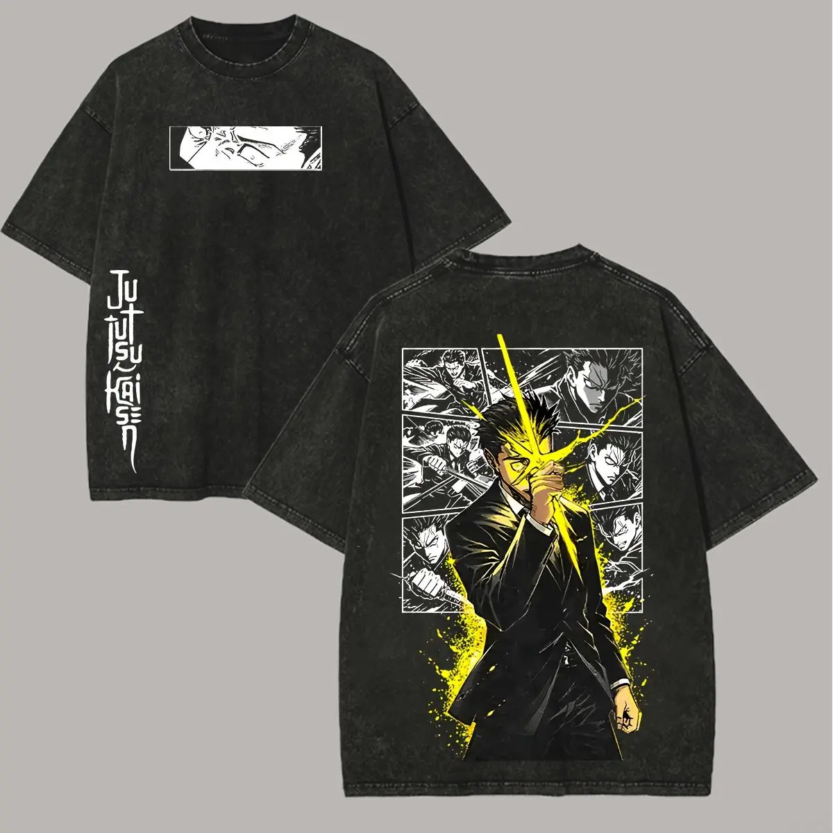 Men's Vintage Washed T-Shirt with Jujutsu Kaisen Anime Figure Print, Fitted Cut Cotton Streetwear with Round Neck, Tshirt, Casual Graphic Tee, Distressed