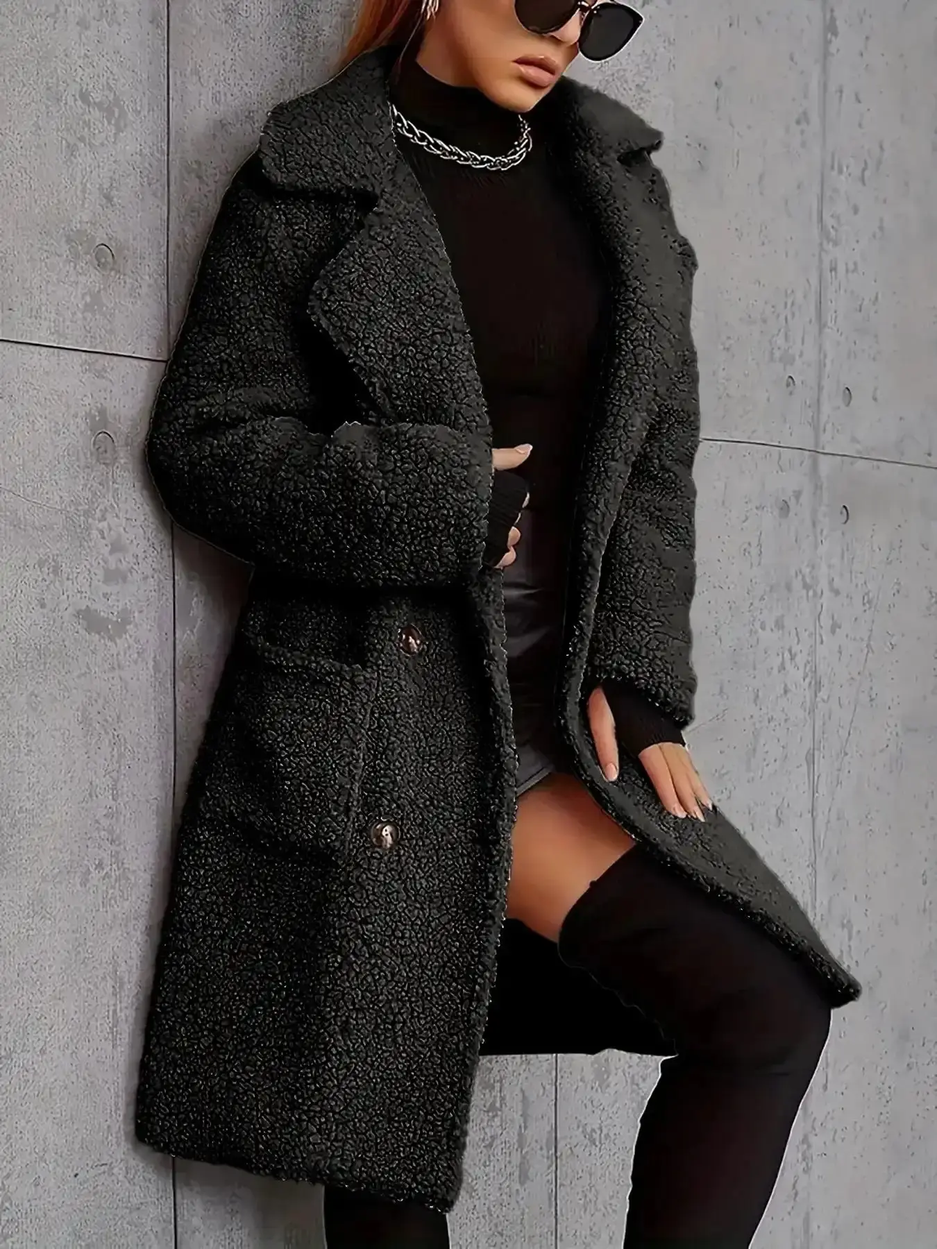 Women's Chic Winter Lamb Fur Mid-Length Coat, Womenswear, Soft Aesthetic Ladies Double-Breasted Outerwear, Casual Loose-Fitting Jacket, Plain Pattern, No Ca Prop 65, layering essential, transitional piece