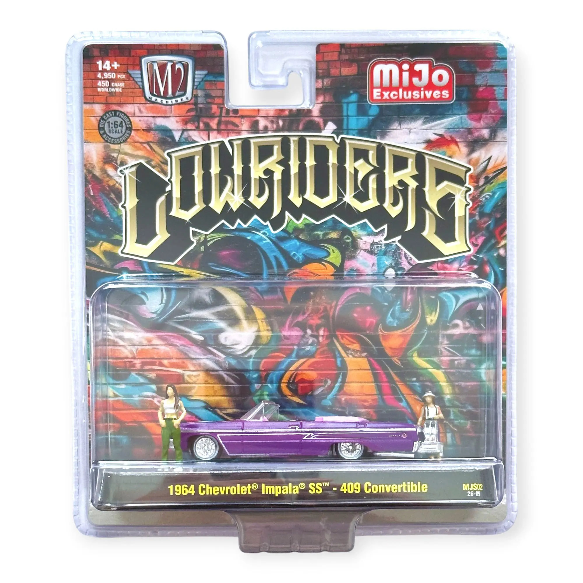 M2 Machines 1964 Chevrolet Impala SS Convertible Lowrider 1:64 Diorama Series with 2 Ladies Figures | Metallic Purple | MiJo Exclusives | Hot Wheels Alternative