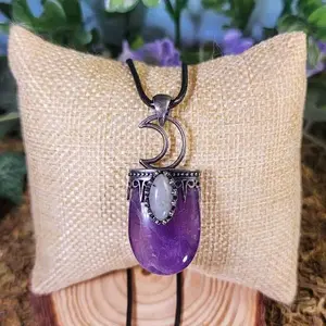 Crescent Moon Amethyst Necklace with Labradorite - Spiritual Protection and Purification Natural Crystal Pendant hippiejewelry earthy jewelry