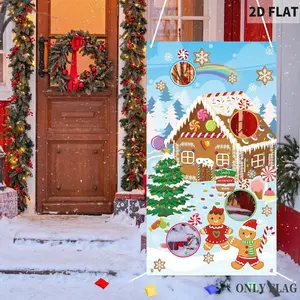1 count 2d flat Christmas Gingerbread Toss Game Banner - 75x135cm Polyester Hanging Banner, Xmas Tossing Game Activity, Winter Party Favor Supplies, Gingerbread House Backdrop for Holiday Home Decorations, Throwing Game Banner