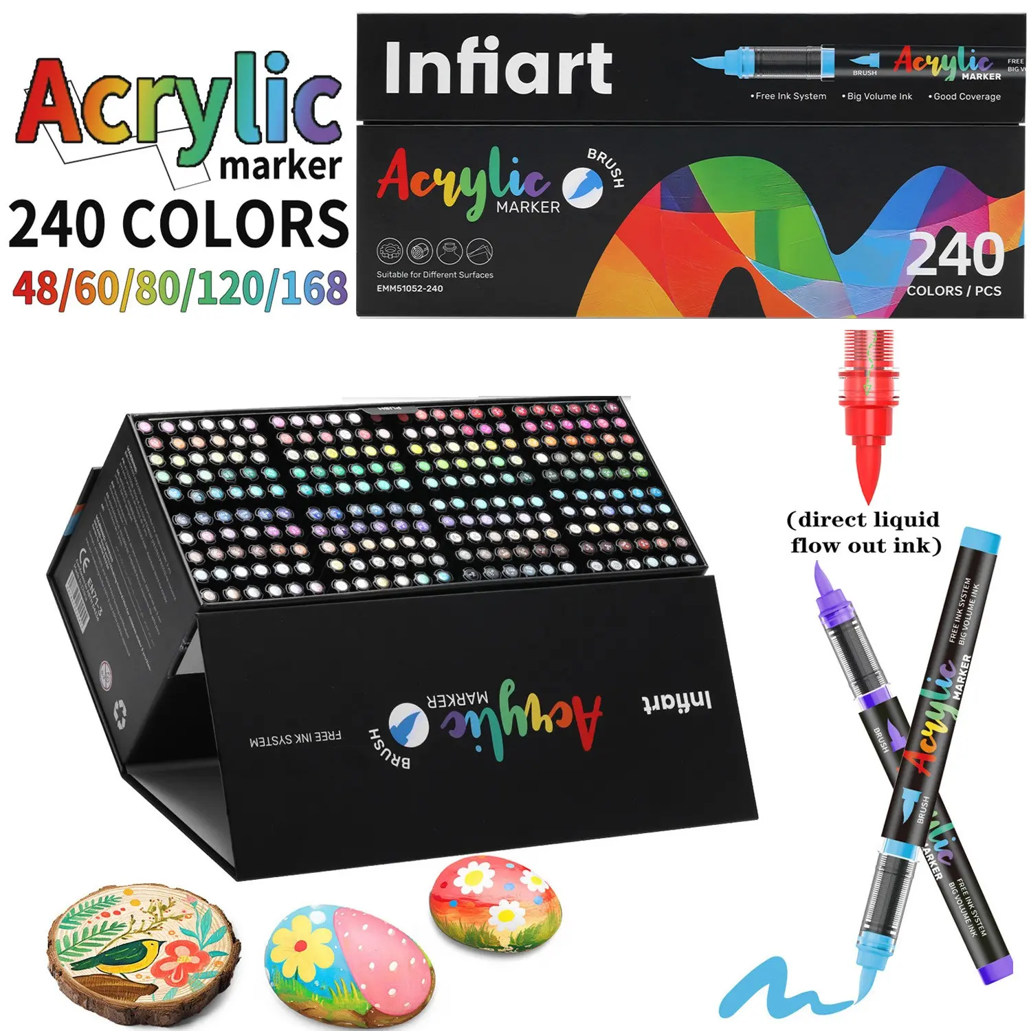 Waterproof Soft Tip Acrylic Markers, DIY Doodle Painting Art Supplies, 48-240 Colors Available, Ideal for Rock Drawing, Calligraphy, Cards, Waterproof Brush Markers