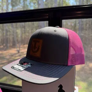 Pink and Gray Trucker Hat with Leather Patch and Adjustable Snapback