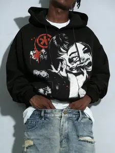 Men's High-Street Heavyweight Hoodie|Dark Y2K Grunge|Cyberpunk Dual Personality Print|Red & Black Spider Star Graffiti|Oversized Dropped Shoulder|Streetwear Cityboy Layering|Premium Screen-Print|Unique TechwearNew|Anti-clash OOTD
