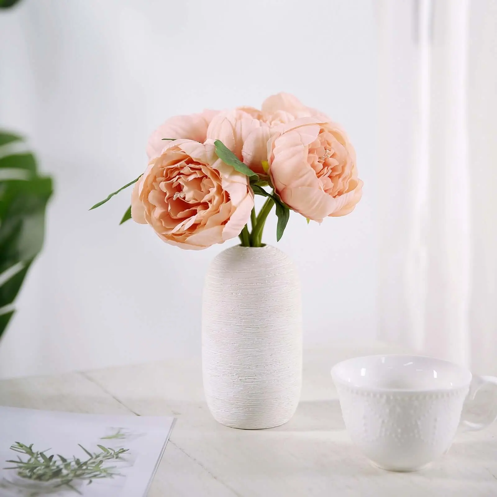 5-Heads Giant Artificial Peach Silk Fabric Faux Peony Bouquet Set, Decorative Artificial Floral Arrangements Art Work for Home Decor, Wedding Ornaments