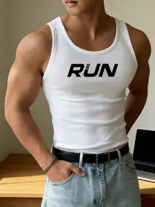Men's Ribbed Fitted "RUN" Tank Top Fitness Workout Vest - Gym & Running Essential
