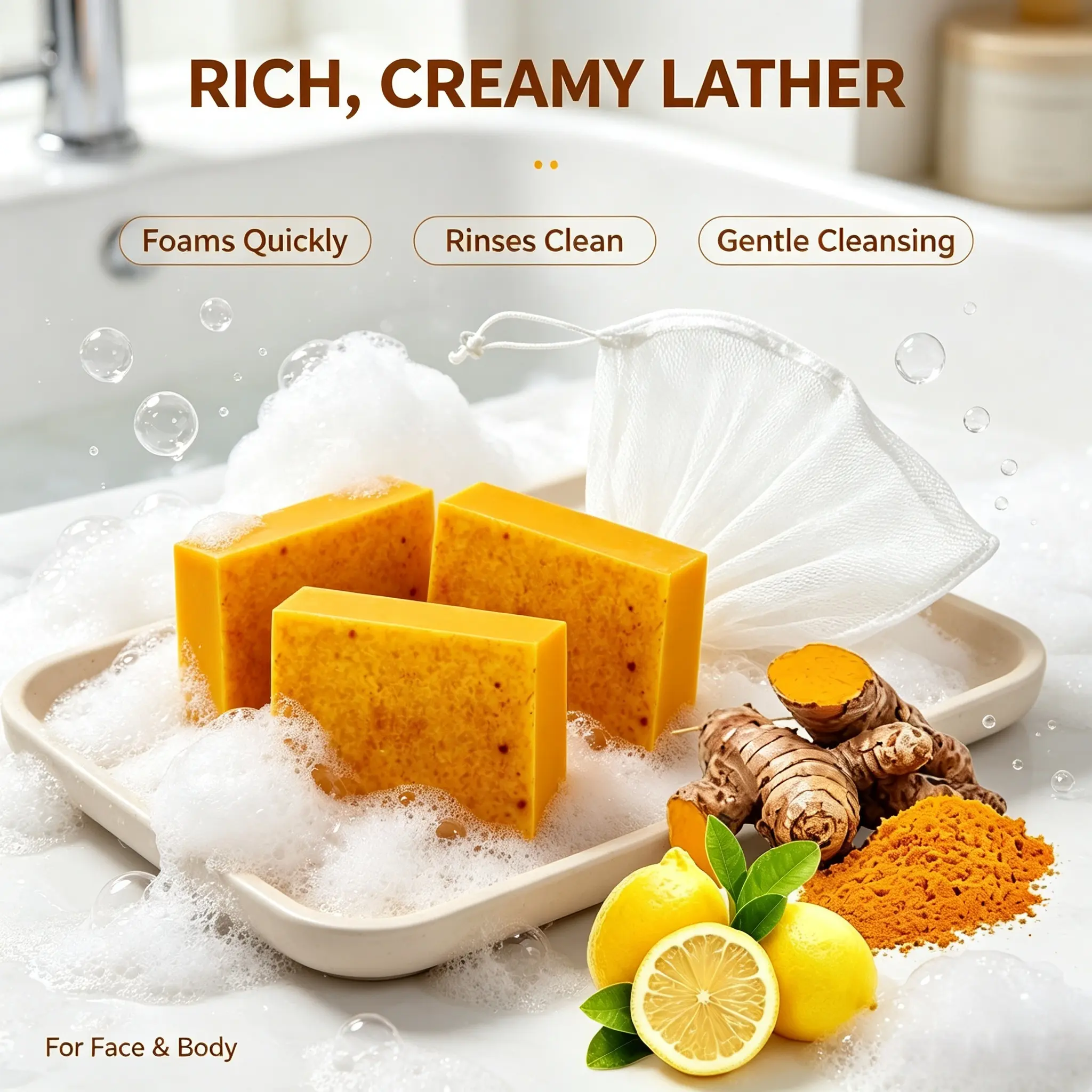 Unisex Organic Turmeric Blend Kojic Acid Lemon Aroma Beauty Bar Cleansing Set (3-Pack, 300g) - Soft, Non-Toxic, Skin-Friendly Bath Cleanser for Full Body Daily Body Care Cosmetic