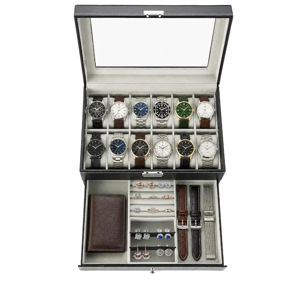 12-Slot Watch Box with Jewelry Drawer | Lockable PU Leather Watch Organizer, Elegant Watch Display Case with Clear Lid and Double Layers, Ideal for Men & Women (Black)