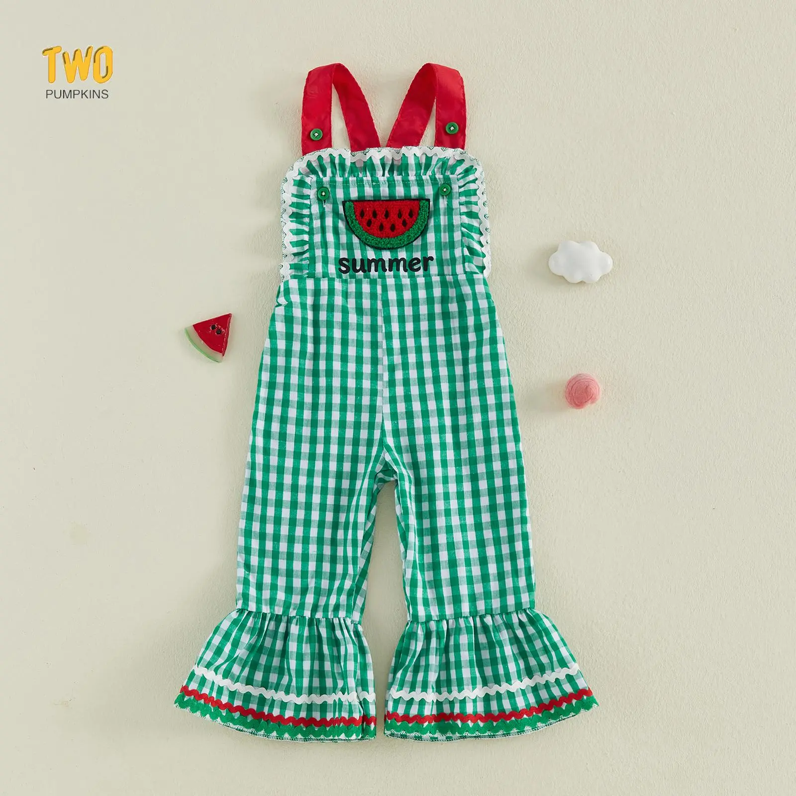 Toddler Baby Girl Summer Overalls Bell Bottoms Casual Ruffled Trim Plaid Embroidered Watermelon Sleeveless Overalls