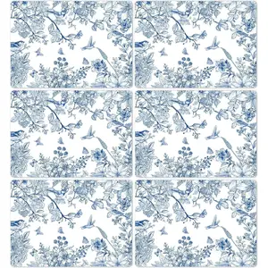 Blue Floral Placemats Set of 6 Flower Bird Plastic Table Mats Seasonal Spring Placemats Chinoiserie Place Mats Rustic Vintage Table Decoration for Indoor Outdoor Party Kitchen Dining
