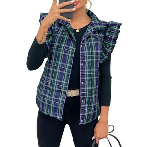 Lannew Womens Plaid Puffer Vests Ruffle Sleeveless Lightweight Quilted Vest Fall Winter Padded Gilets Coats